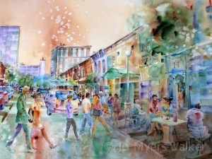 Street scene in front of Prairie Lights Books in Iowa City, watercolor painting by Jo Myers-Walker