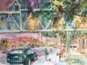 Watercolor painting of skywalk on Dubuque Street in Iowa City by artist Jo Myers-Walker