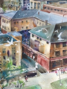 Detail of watercolor Iowa City street scene by Jo Myers-Walker