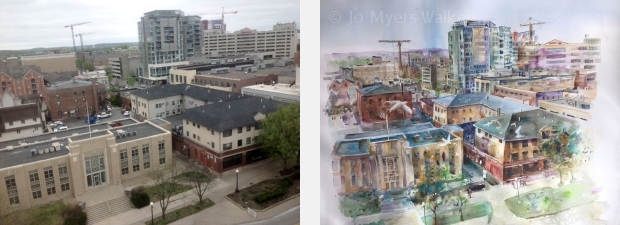 Photo and watercolor of street in Iowa City seen from above, by Jo Myers-Walker