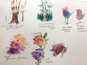 Watercolor techniques demonstrated in sketchbook
