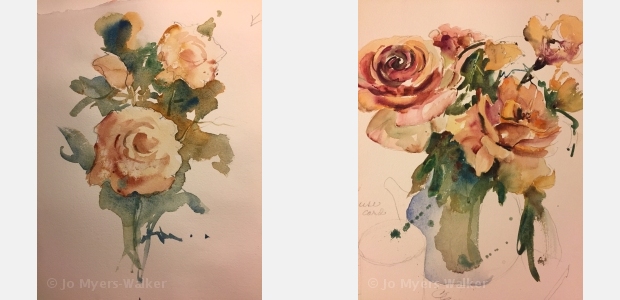 Watercolor paintings of roses by Jo Myers-Walker showing progressive layering of color