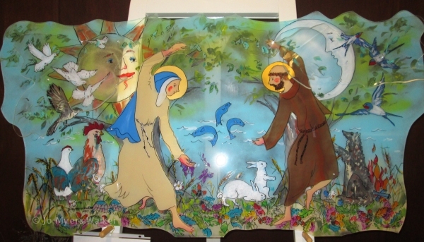 Lexan and slumped acrylic sculpture painted by Jo Myers-Walker with legends of St. Francis