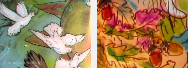 Detail images from Canticle sculpture painted by Jo Myers-Walker with legends of St. Francis