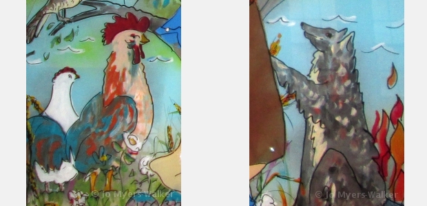 Details from the Canticle sculpture painted by Jo Myers-Walker with legends of St. Francis