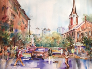 Watercolor painting of Linn Street scene in Iowa City by Jo Myers-Walker