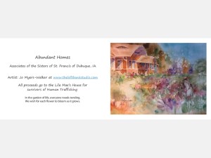 Sample Abundant Homes notecard back and front, with watercolor design by Jo Myers-Walker