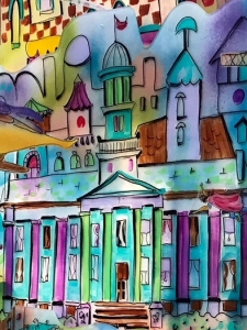 Detail of painted building from the sculpture at Mercer Park Aquatic Center in Iowa City