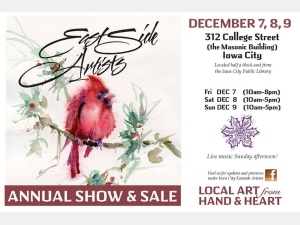 Postcard advertising Iowa City Eastside Artists 2018 show and sale, featuring watercolor painting of cardinal bird by Jo Myers-Walker