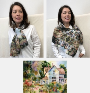 Model wearing scarf printed with watercolor painting Laundry Day by Jo Myers-Walker