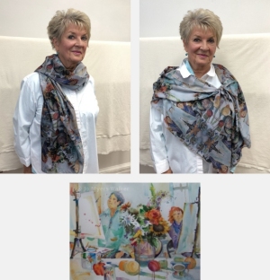 Model wearing scarf printed with images from watercolor painting Painting Class by Jo Myers-Walker