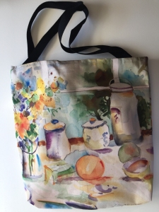 Fabric tote bag digitally printed with image of Breakfast watercolor painting by Jo Myers-Walker