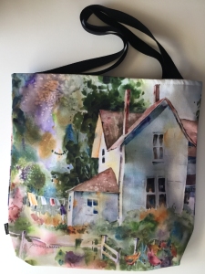 Fabric tote bag digitally printed with image of Laundry Day watercolor painting by Jo Myers-Walker