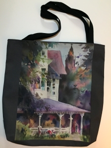 Fabric tote bag digitally printed with image of Purple Porch watercolor painting by Jo Myers-Walker