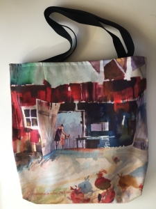 Fabric tote bag digitally printed with image of Red Barn painting by Jo Myers-Walker