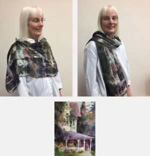 Model wearing scarf printed with images from Purple Porch watercolor painting by Jo Myers-Walker