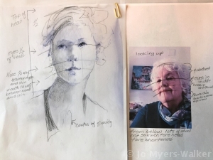Pencil sketch of a young woman and selfie photo by artist Jo Myers-Walker, each with notes about proportion drawn in