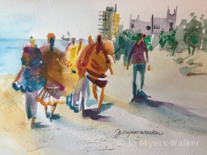 Watercolor painting of people in brightly-colored clothing walking along a Florida beach by Jo Myers-Walker