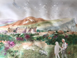 In-progress watercolor painting of vista including Holyrood Palace by Jo Myers-Walker