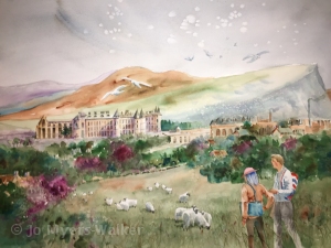 Watercolor painting of vista including Holyrood Palace by Jo Myers-Walker