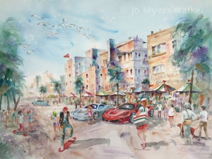 Watercolor painting of scene along Ocean Drive in South Beach, Florida by Jo Myers-Walker
