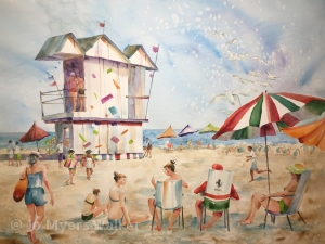 Watercolor painting of beach scene in South Beach, Florida by Jo Myers-Walker