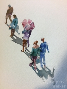 Watercolor painting of pedestrians viewd from above by Jo Myers-Walker