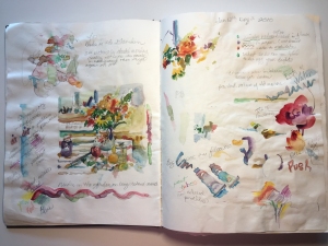 Pages from Jo Myers-Walker's sketchbook with floral watercolor paintings and notes