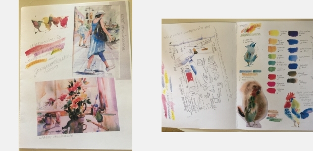 Pages from a workbook prepared for a watercolor workshop by Jo Myers-Walker