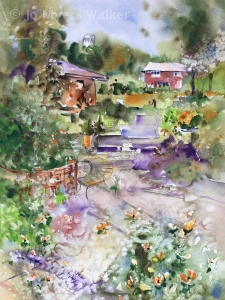 Watercolor scene of Amana, Iowa painted by Jo Myers-Walker during 2019 Catiri's Fresh Paint event