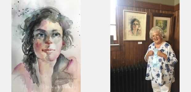 Emma, watercolor portrait by Jo Myers-Walker, and a photo of Jo posed next to the painting at IWS 2019 exhibition
