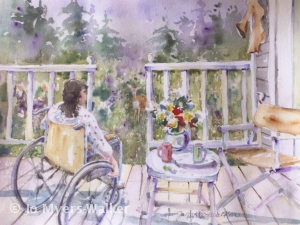 Watercolor painting by Jo Myers-Walker showing woman on porch looking over scenic backyard with deer