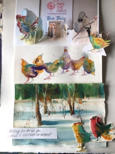 Watercolor sketches of birds by Jo Myers-Walker including several ornaments made from the paintings