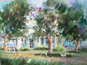 Watercolor painting of white house in rural Illinois by artist Jo Myers-Walker