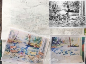 Progression of a watercolor painting of waterside deck with chairs and table by artist Jo Myers-Walker