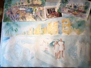 Reference photo of family members along with various sketches of South Beach scenes