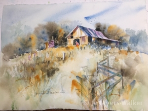 Watercolor painting of a barn seen across a field in autumn by artist Jo Myers-Walker