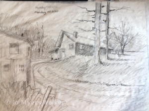 Pencil sketch of a house in the countryside by artist Jo Myers-Walker