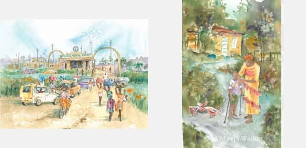 Watercolor illustrations depicting scenes from the story of a boy whose clubfoot condition was treated using the Ponseti method