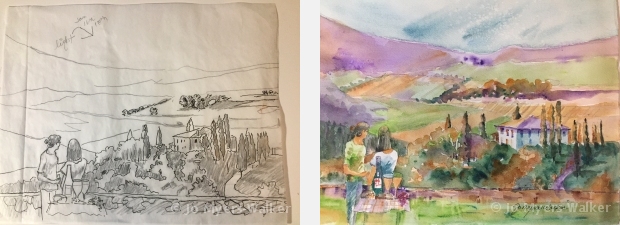 Sketch and watercolor painting of a scene of the Italian countryside by artist Jo Myers-Walker