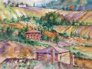 Watercolor painting of a vista of Italian fields and red-roofed buildings by artist Jo Myers-Walker