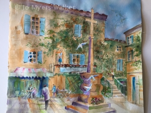 Watercolor painting of the inn La Petite Auberge de Lussan by artist Jo Myers-Walker