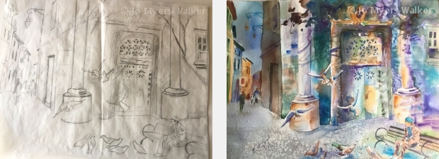 Sketch and watercolor painting by artist Jo Myers-Walker of a figure feeding birds beside an intricately patterned doorway in Lussan France