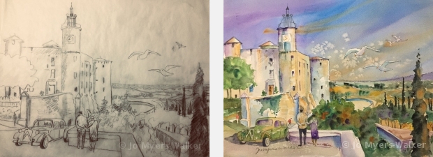 Sketch and painting of medieval castle in Lussan in southern France by artist Jo Myers-Walker