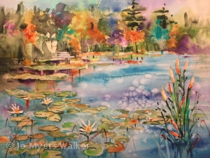 Watercolor painting of Monet's garden at Giverny by artist Jo Myers-Walker, showing lily pond and trees in autumn color