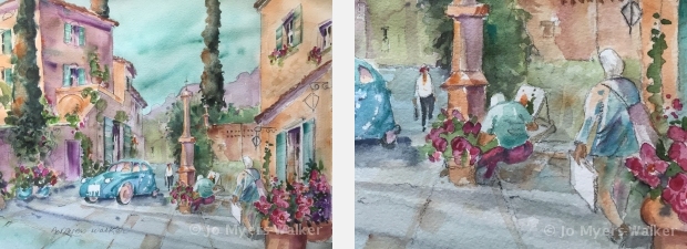 Watercolor painting of a narrow street in the village of Saint-Victor-des-Oules, France by artist Jo Myers-Walker Watercolor painting of a narrow street in the village of Saint-Victor-des-Oules, France by artist Jo Myers-Walker