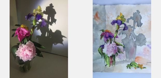 Photo of spring flowers in a vase with stark shadow behind, and a watercolor painting of the same scene by artist Jo Myers-Walker