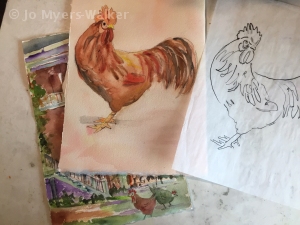Sketch and watercolor painting of a chicken by artist Jo Myers-Walker