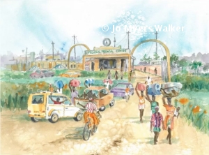 A watercolor illustration by artist Jo Myers-Walker from the book Lucky's Feet, showing people traveling on the road to a city on foot and by auto