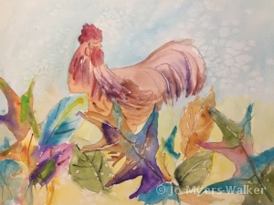 Watercolor painting of a chicken in the background with many colorfully painted leaves in the foreground by artist Jo Myers-Walker